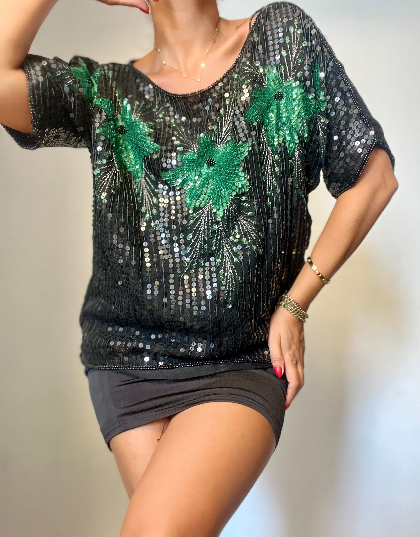 Sarah's Black & Green Sequined Shirt