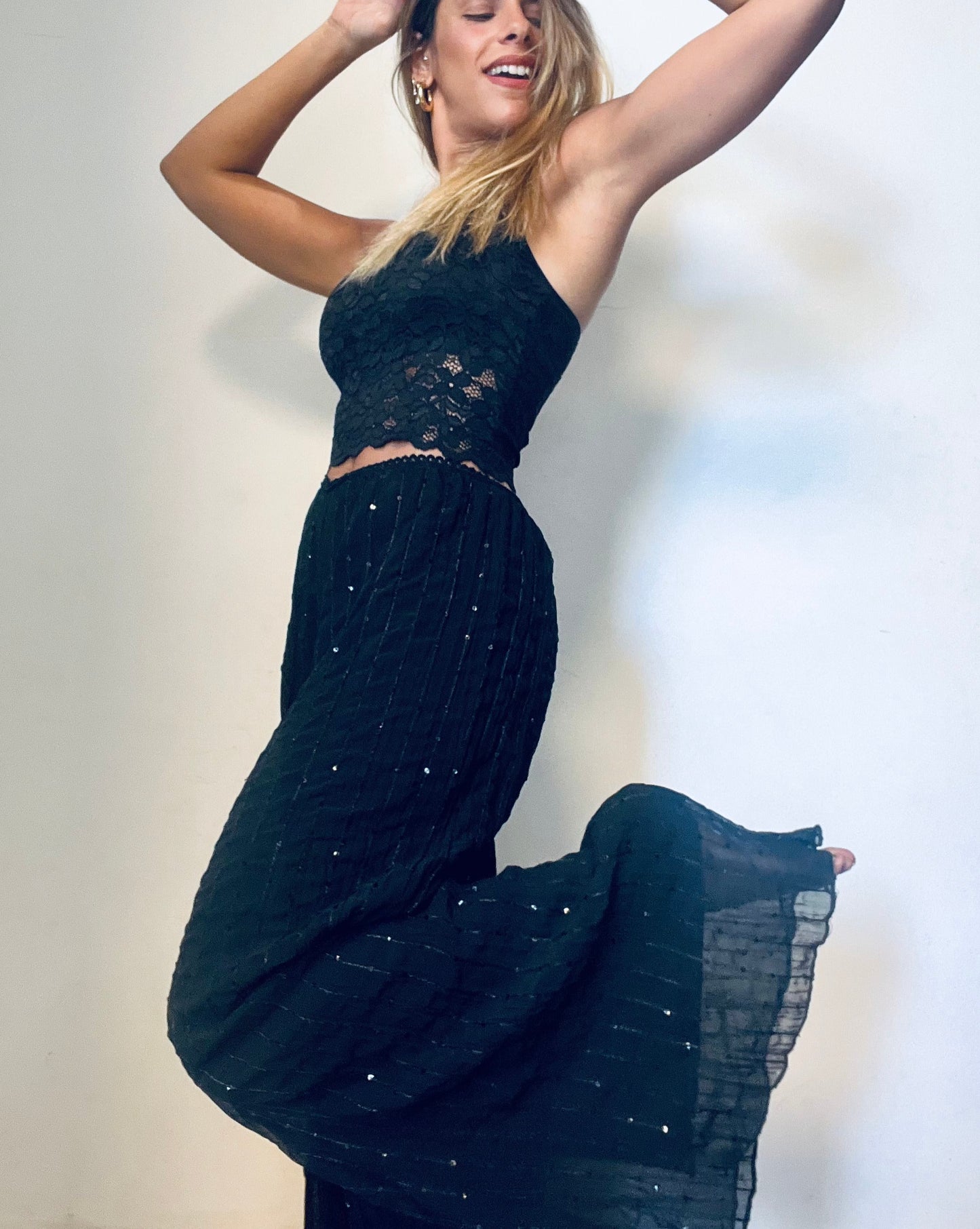 Black Sequins Wide-Leg Long Pants