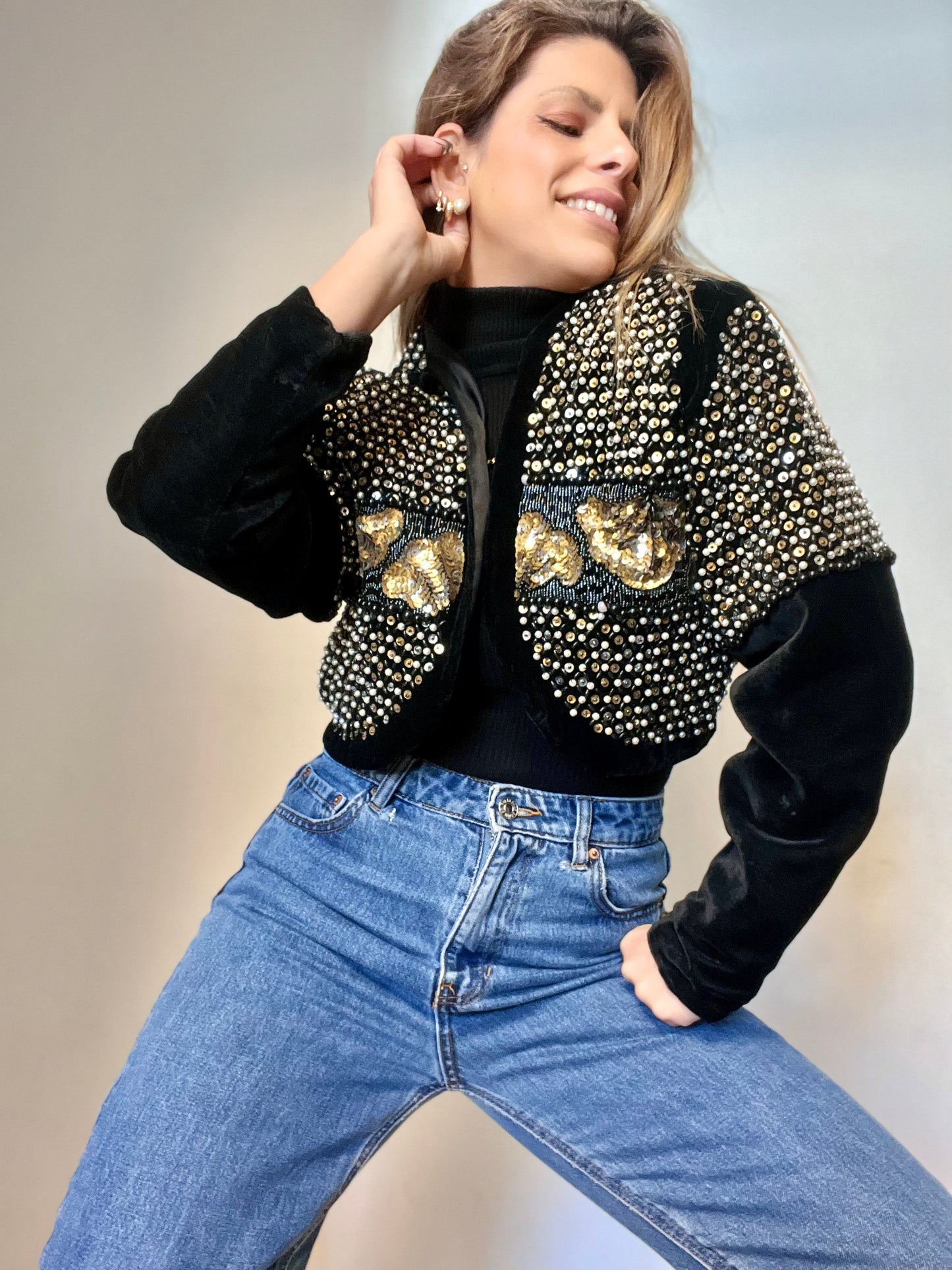 Black Velvet Hand-Made Gold & Silver Sequins Short Top