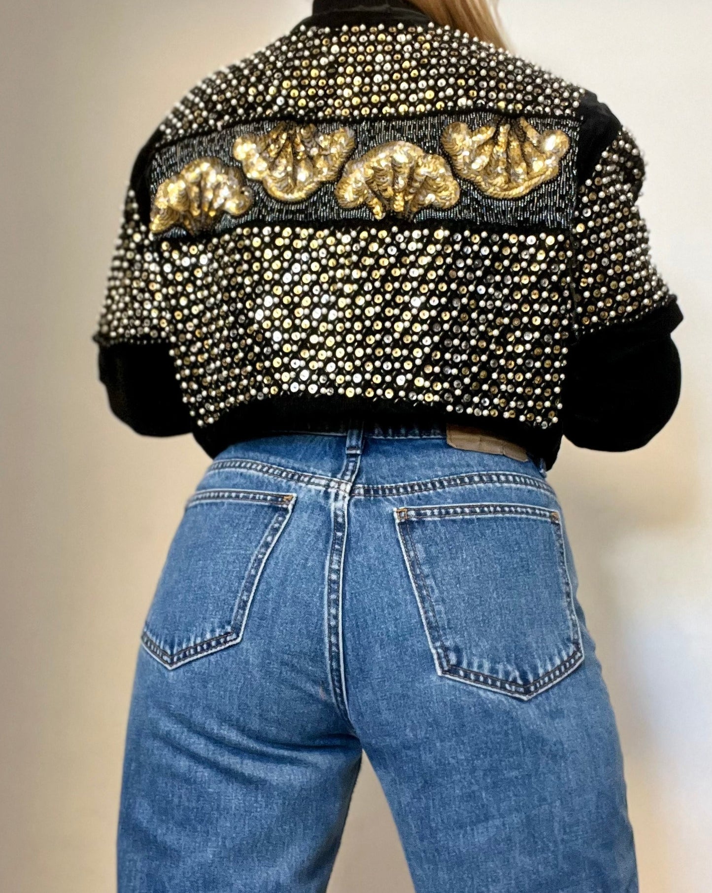 Black Velvet Hand-Made Gold & Silver Sequins Short Top