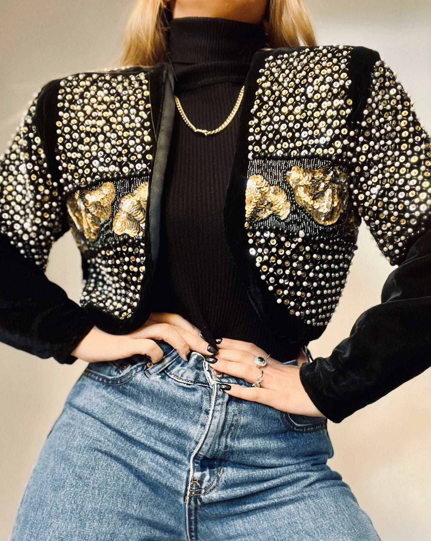 Black Velvet Hand-Made Gold & Silver Sequins Short Top