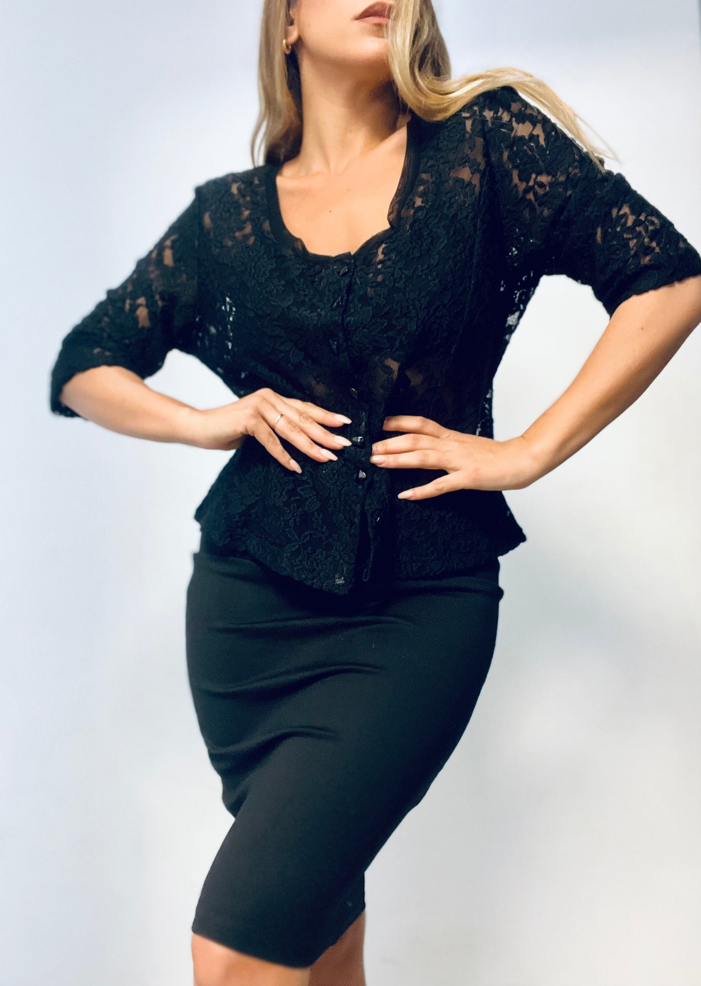 Black Lace Mid-Length Sleeve Top