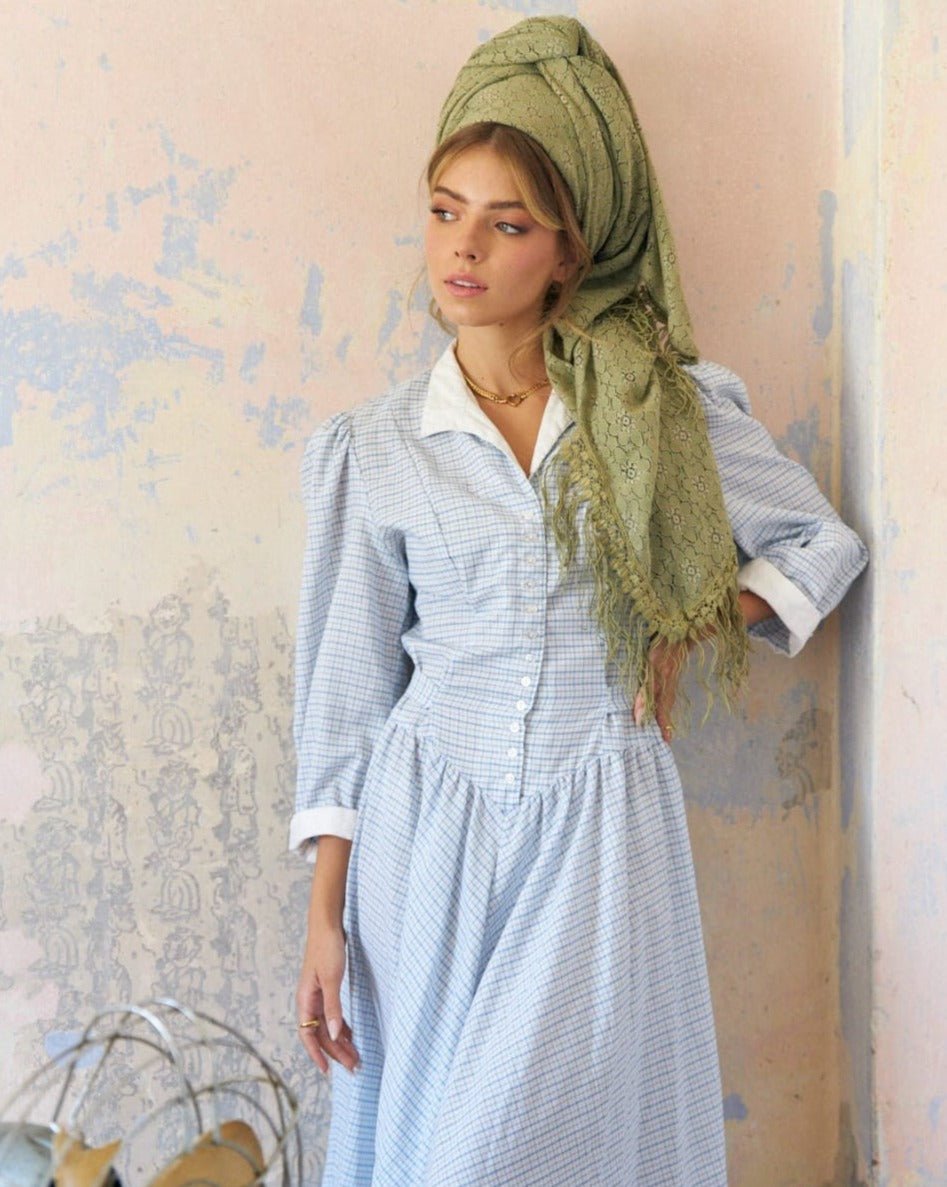 Light-Blue & White Long-Sleeve Dress