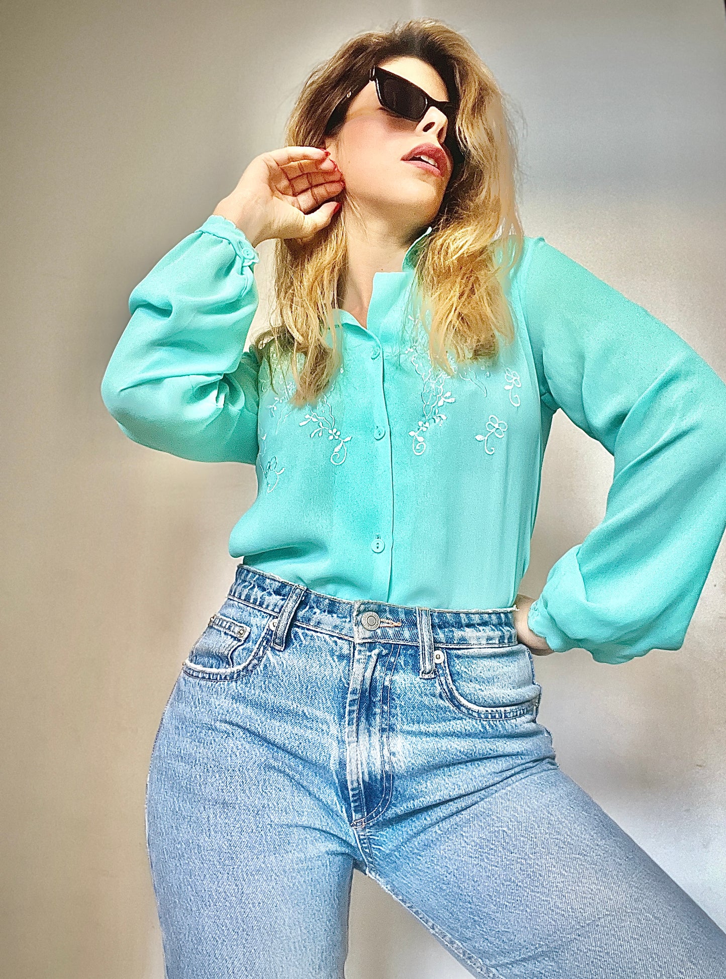 Vintage green shirt combined with handmade embroidery