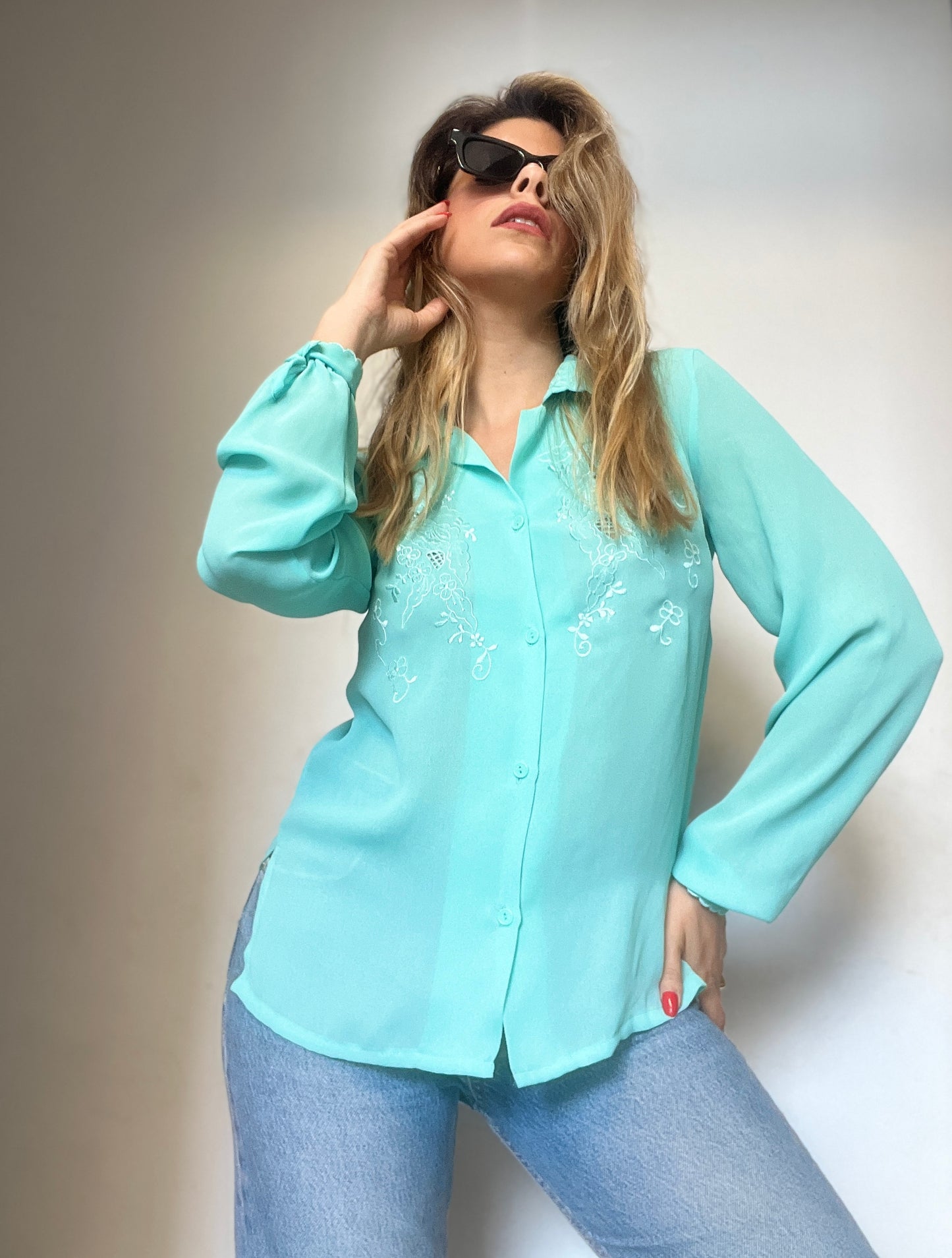 Vintage green shirt combined with handmade embroidery