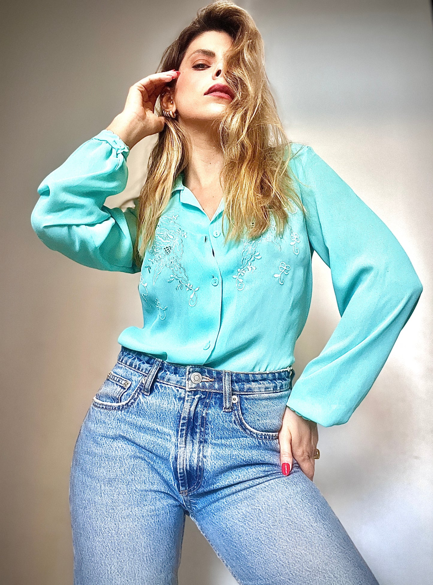 Vintage green shirt combined with handmade embroidery