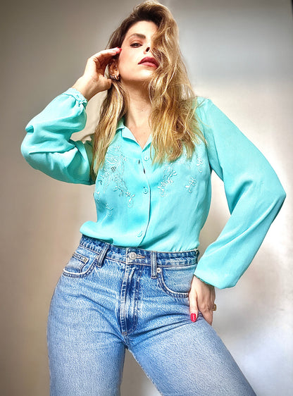 Vintage green shirt combined with handmade embroidery