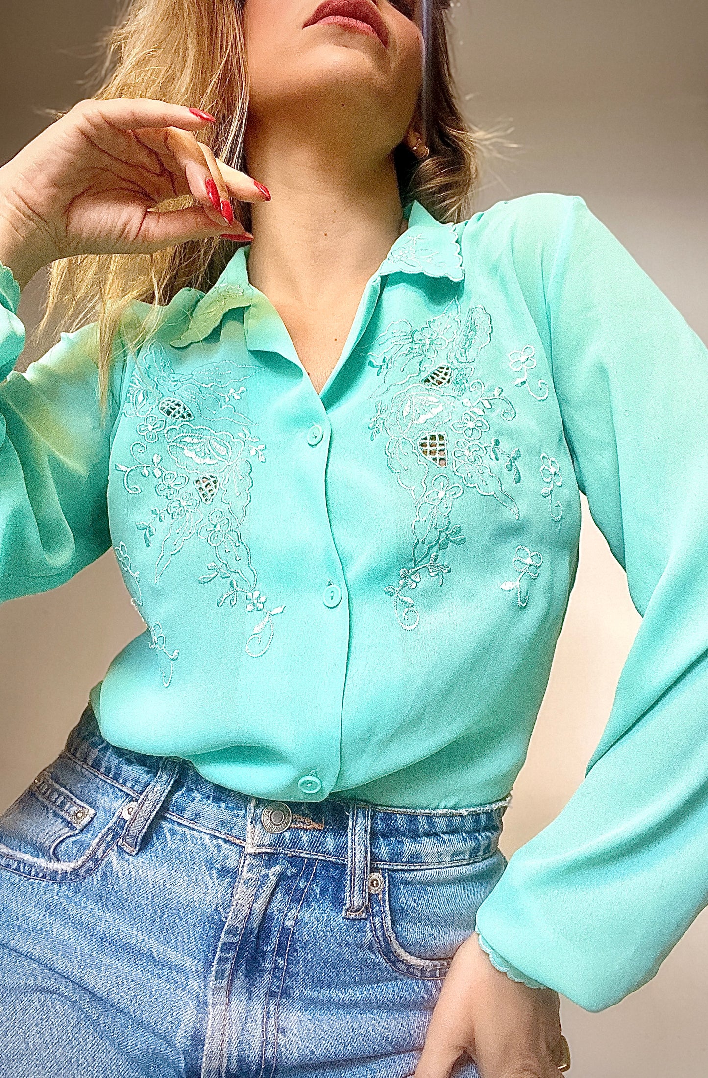 Vintage green shirt combined with handmade embroidery