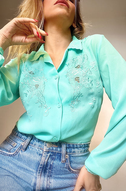 Vintage green shirt combined with handmade embroidery